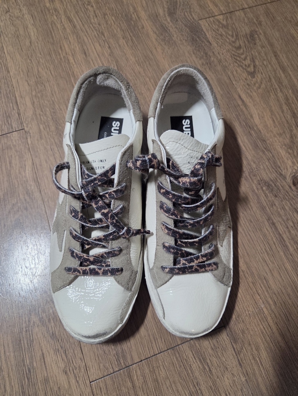 Golden Goose Cream Leather and Taupe Suede Sneakers with Animal Print Laces - Picture 8 of 9